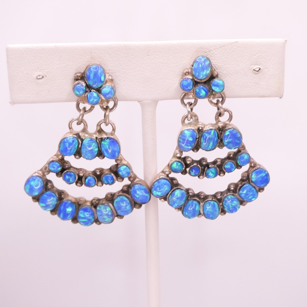 Native American Lional Bahe Sterling Silver 925 Blue Opal Drop 1.6" Earrings